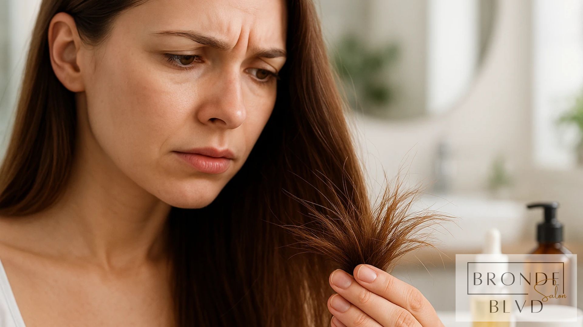 Close-up of woman's hair showing healthy shiny strands and damaged brittle sections in a bright, natural setting.
