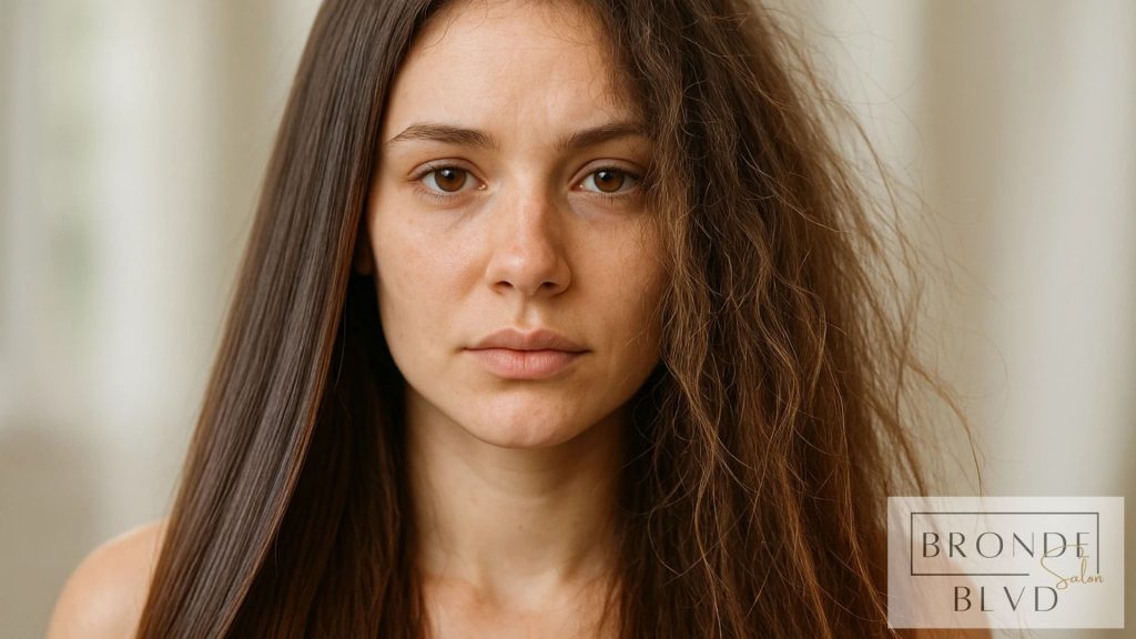 Close-up of a woman's hair showing healthy, damaged, and early signs of hair damage with natural lighting and blurred background.